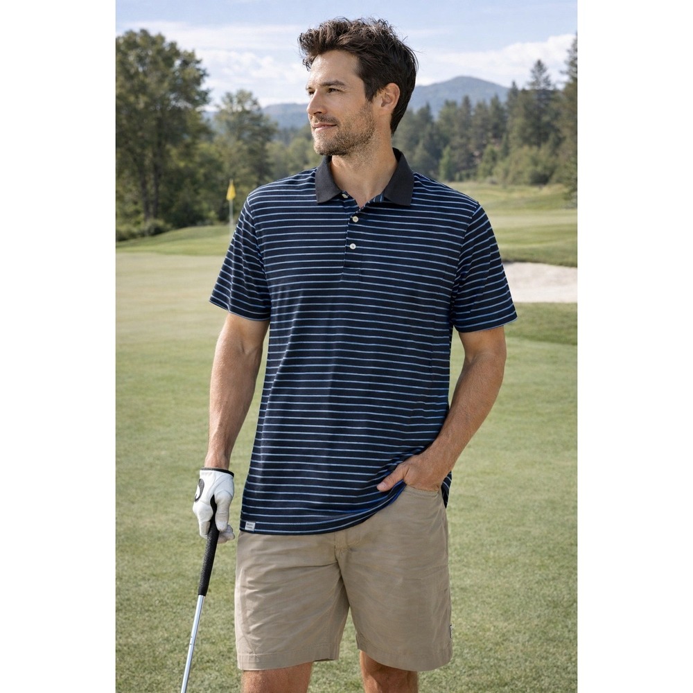 Peter Millar Mens‎ Large Polo Shirt Navy Blue Striped Short Sleeve Cotton Golf